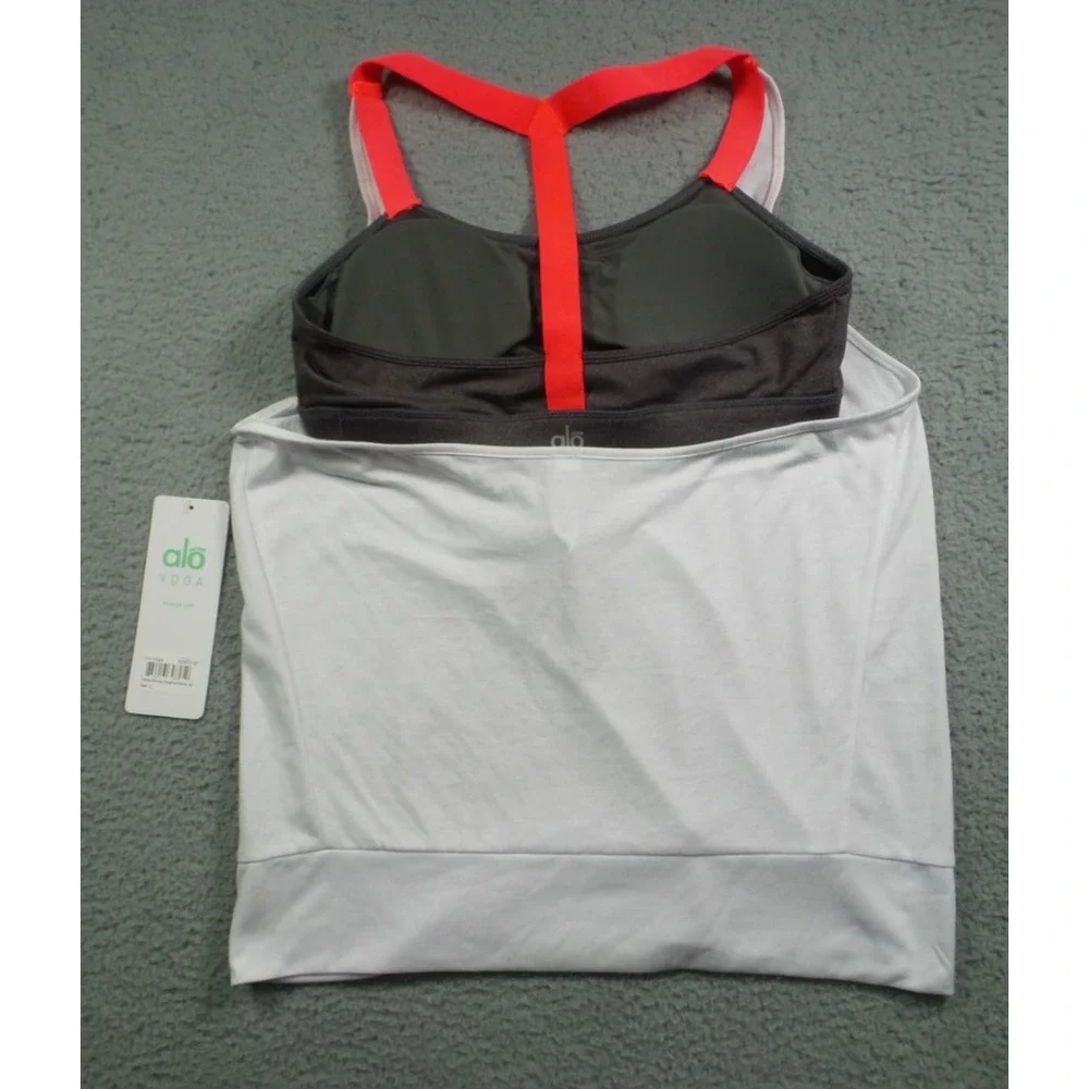 Alo Yoga Top Womens Size Large White Gray‎ Current Tank Built-In Bra Stretch NWT